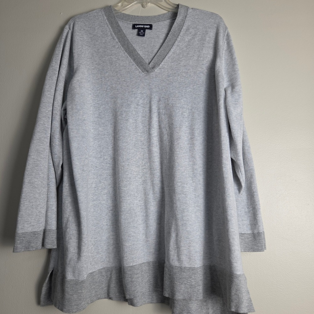 Lands End Womens 3X Gray V-Neck 100% Cotton Long Sleeve Fine Knit Tunic Sweater